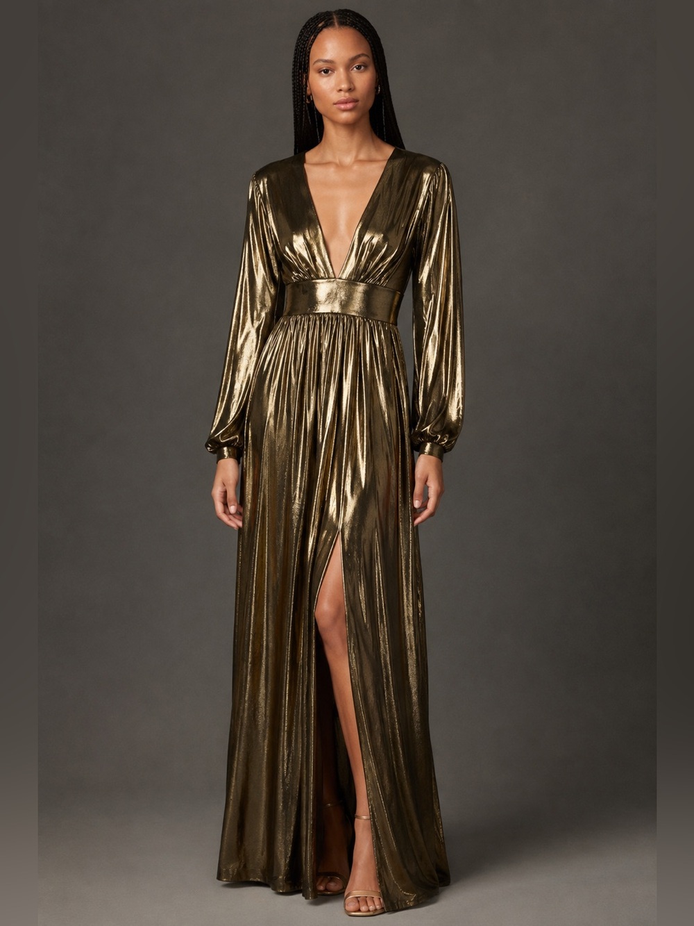 NWT  Gianni Bini Zella Metallic Front Slit Column Gown Maxi Dress Sz 0